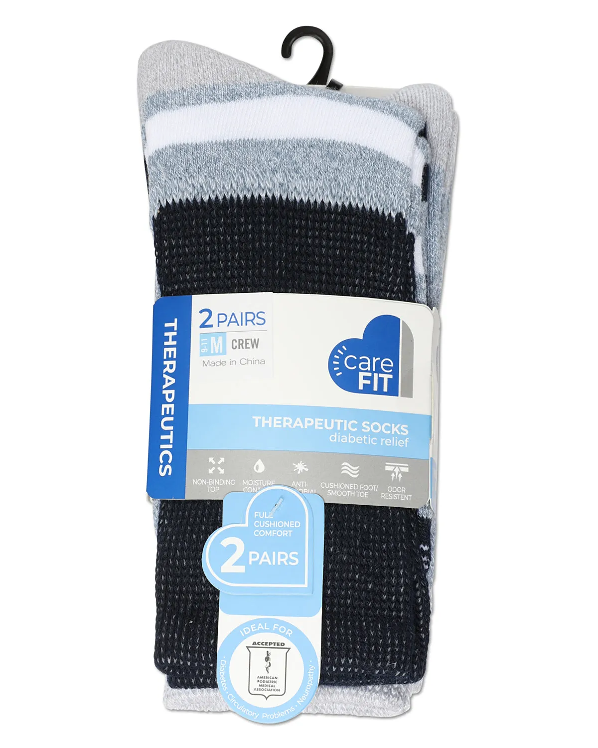 2 Pair Unisex Diabetic Multi-Stripe Full Cushion Crew Socks