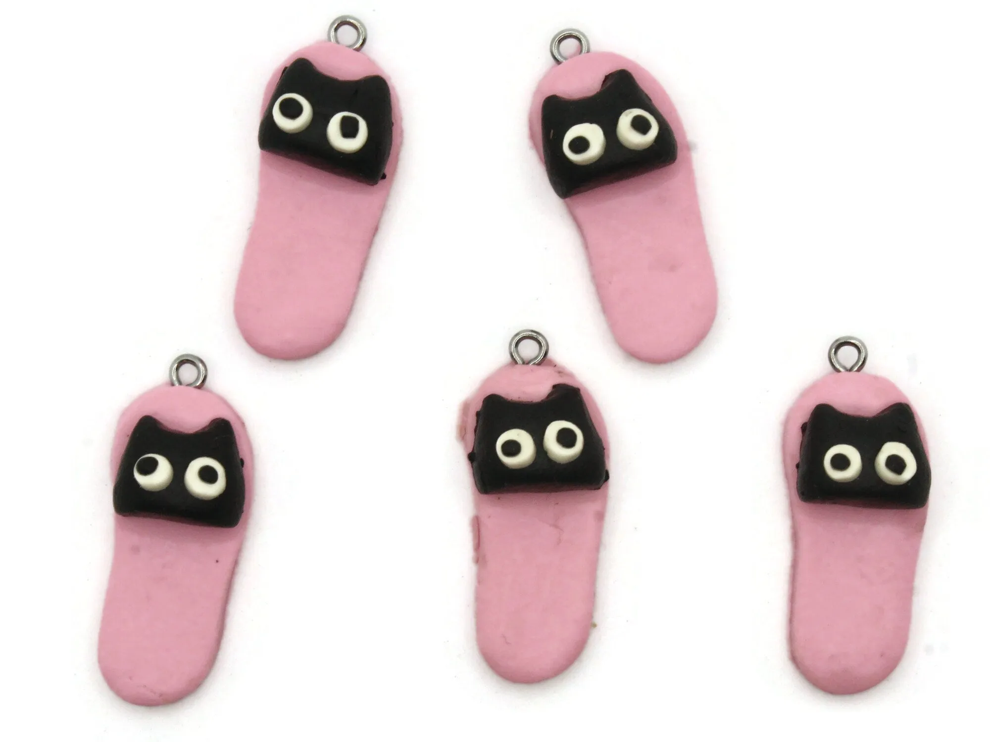 5 34mm Pink And Black Cat Polymer Clay Miniature Slipper Charms