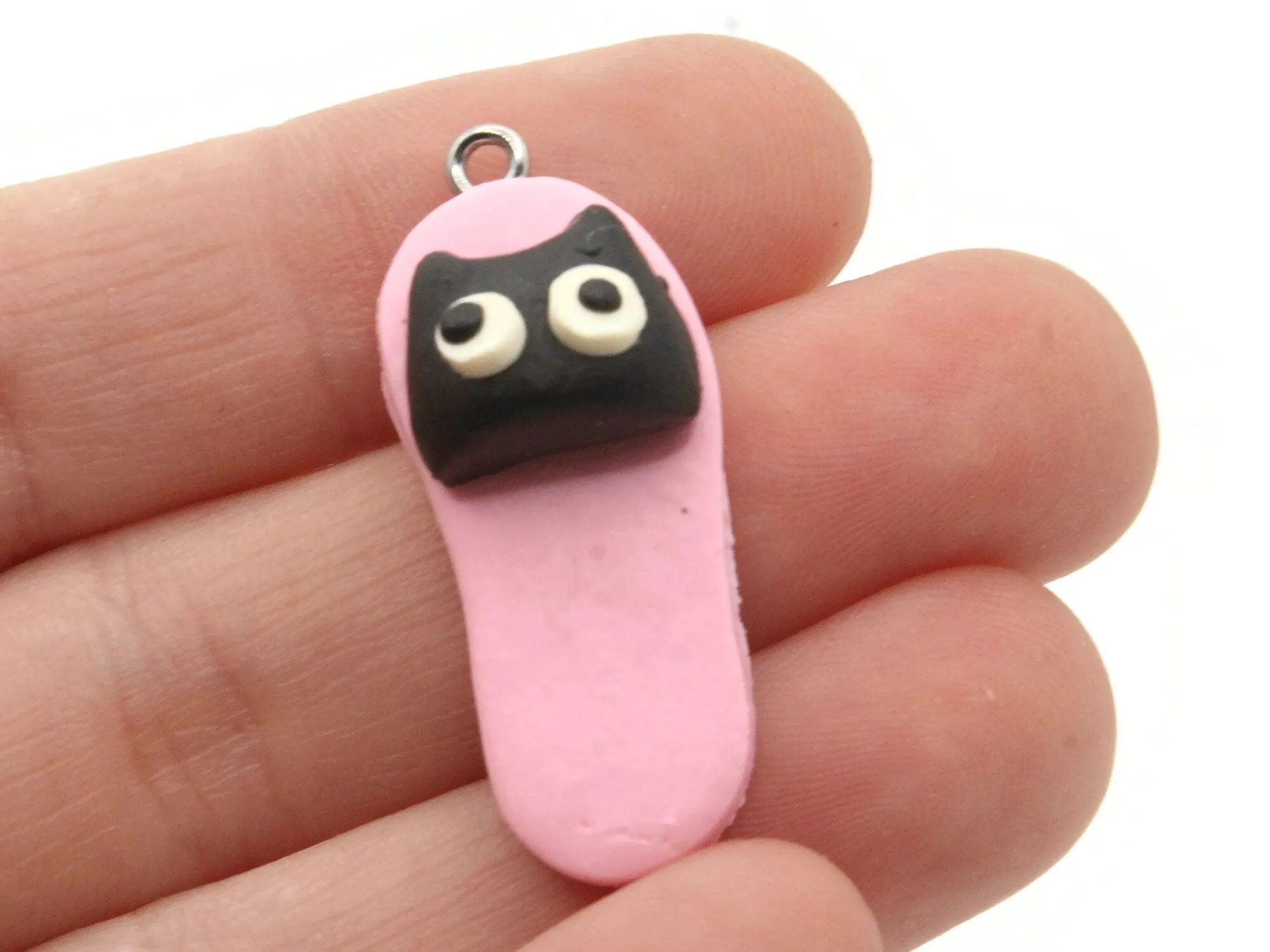 5 34mm Pink And Black Cat Polymer Clay Miniature Slipper Charms