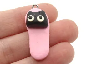5 34mm Pink And Black Cat Polymer Clay Miniature Slipper Charms