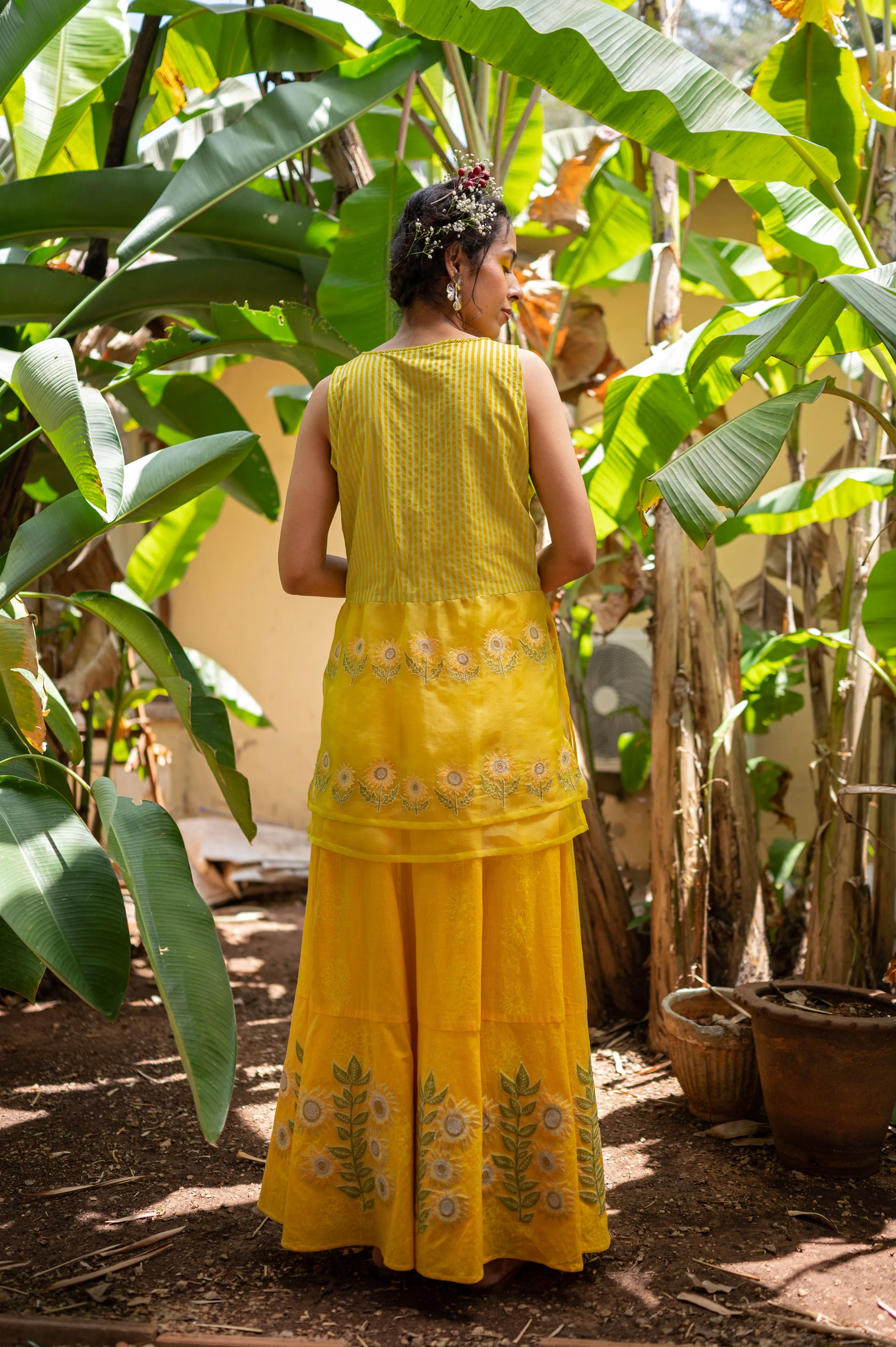 8 panel lehenga with embroidered sunflower motifs