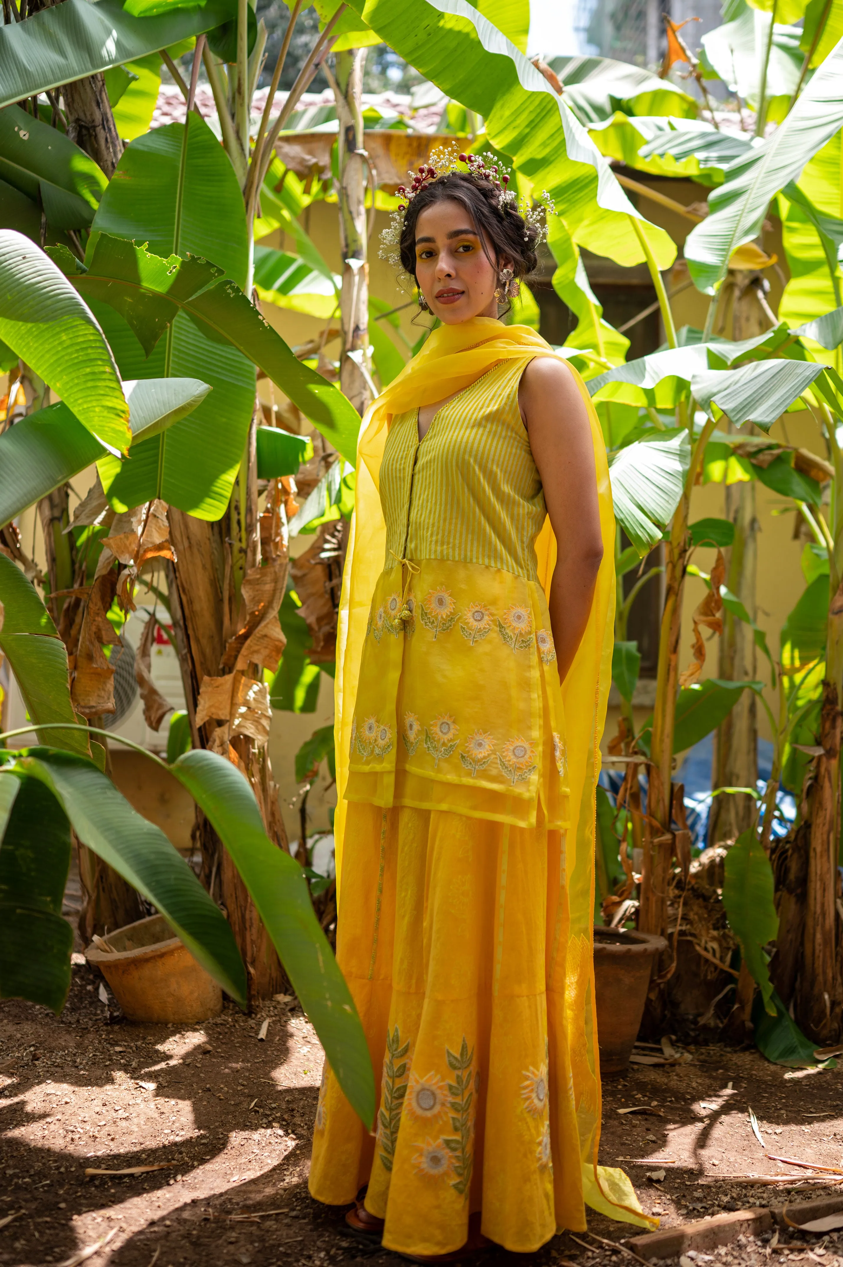 8 panel lehenga with embroidered sunflower motifs