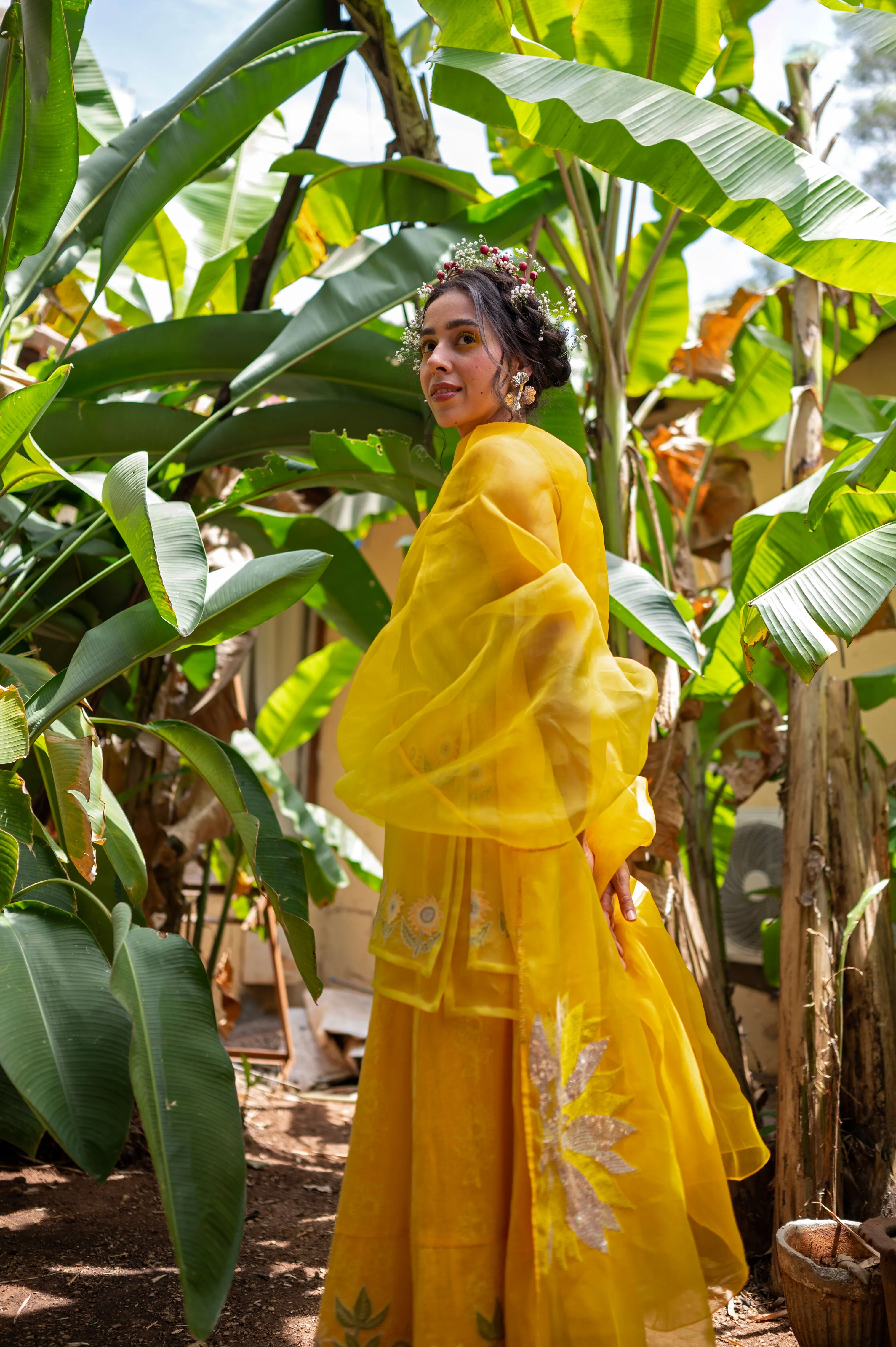 8 panel lehenga with embroidered sunflower motifs