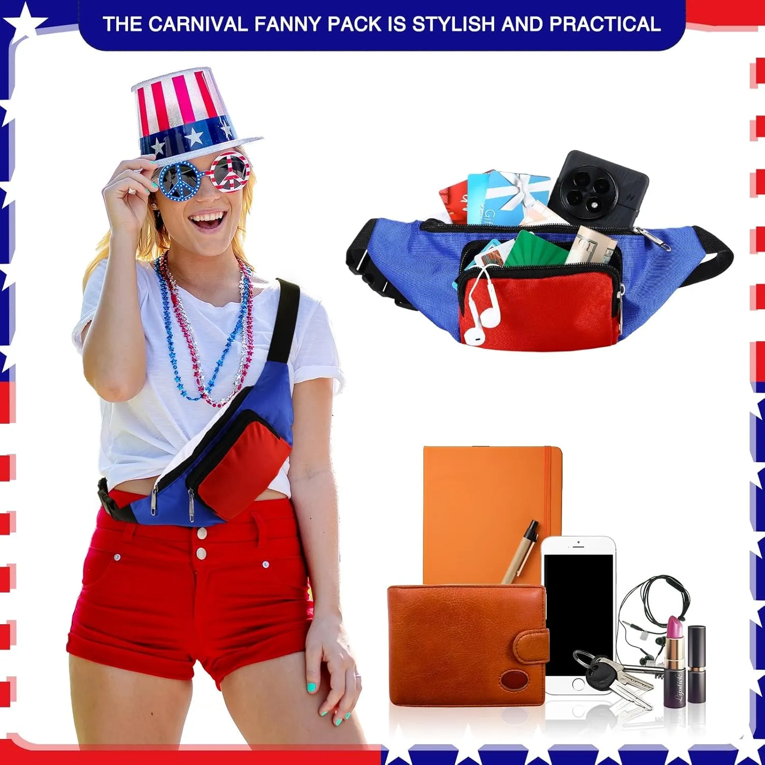 Abbylike 2 Pack Fanny Packs 4th of July Patriotic White Blue Red Fanny Packs Adjustable Waist Bags Outfit Accessories for Women Men Independence Day USA American National Day Party (Patriotic Style)