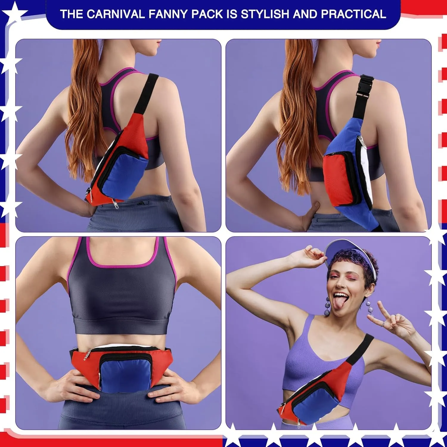 Abbylike 2 Pack Fanny Packs 4th of July Patriotic White Blue Red Fanny Packs Adjustable Waist Bags Outfit Accessories for Women Men Independence Day USA American National Day Party (Patriotic Style)