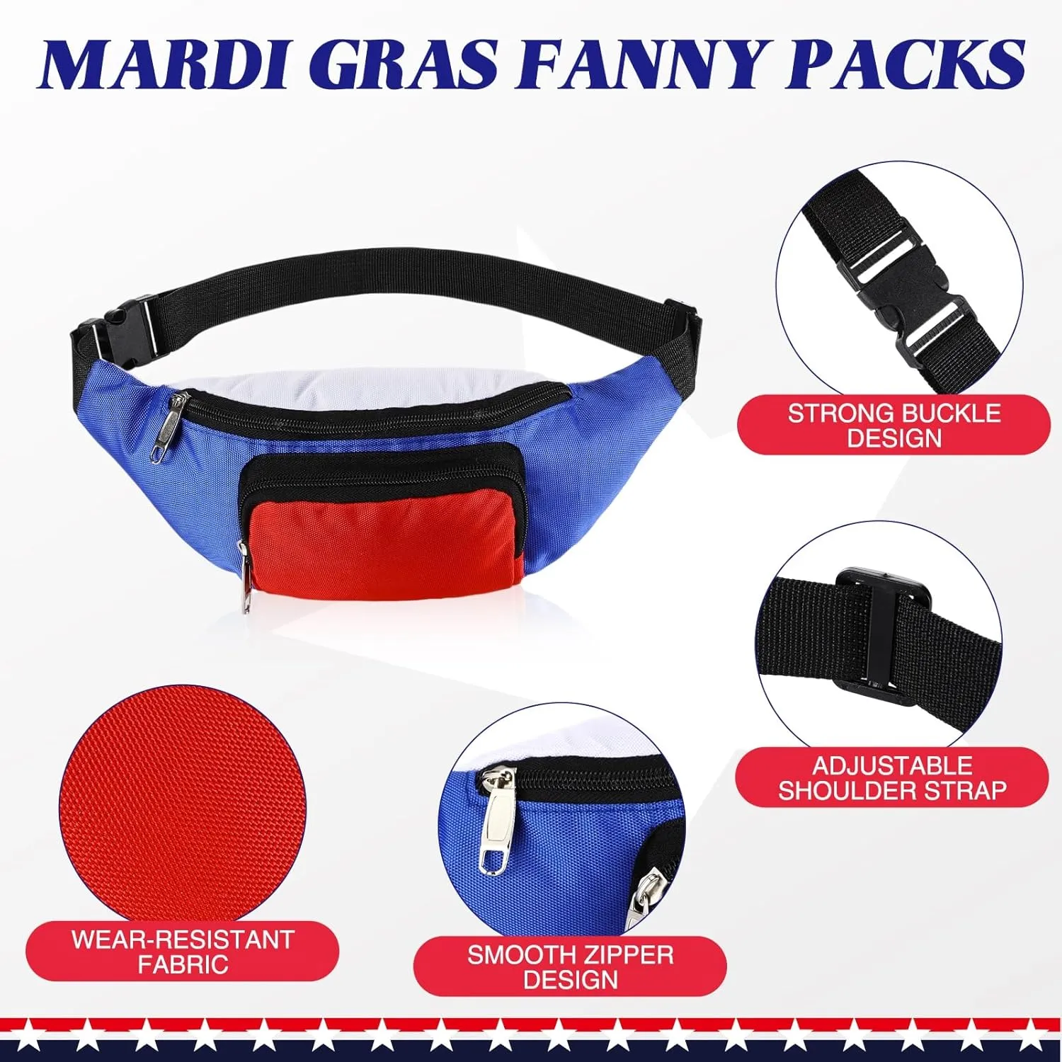 Abbylike 2 Pack Fanny Packs 4th of July Patriotic White Blue Red Fanny Packs Adjustable Waist Bags Outfit Accessories for Women Men Independence Day USA American National Day Party (Patriotic Style)
