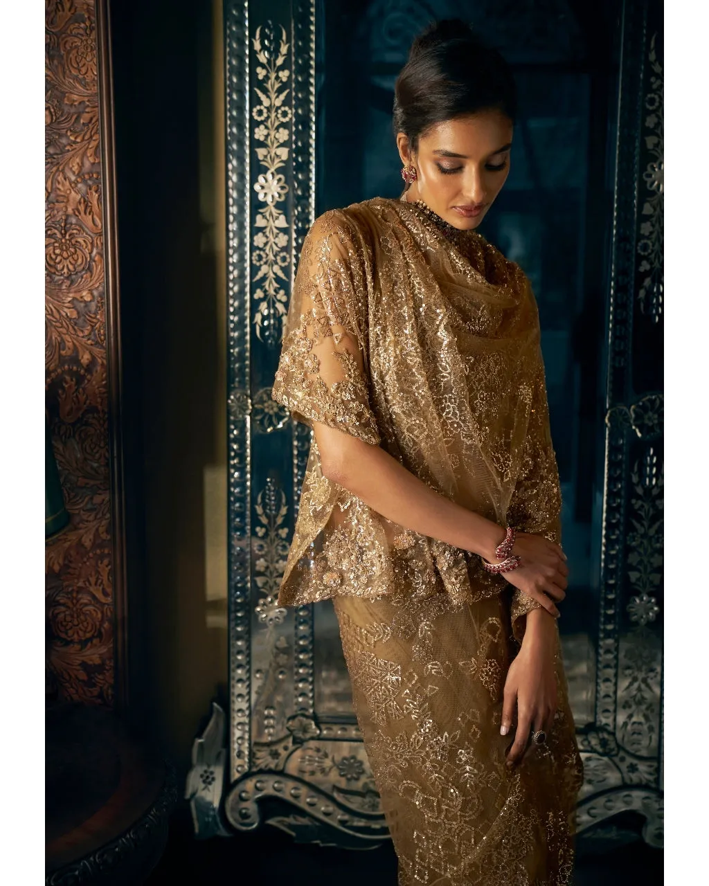 Antique Gold Sequin Sari Set