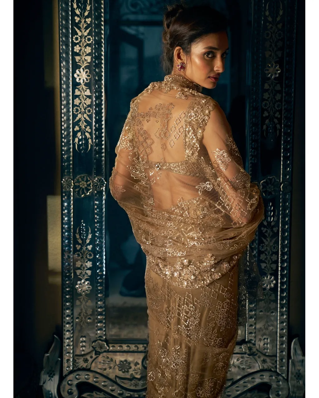 Antique Gold Sequin Sari Set