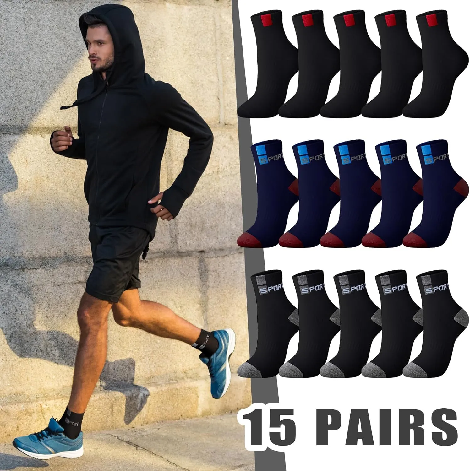 Bencailor 15 Pairs Men's Crew Socks Breathable Athletic Comfort Lightweight Sport Socks for Men