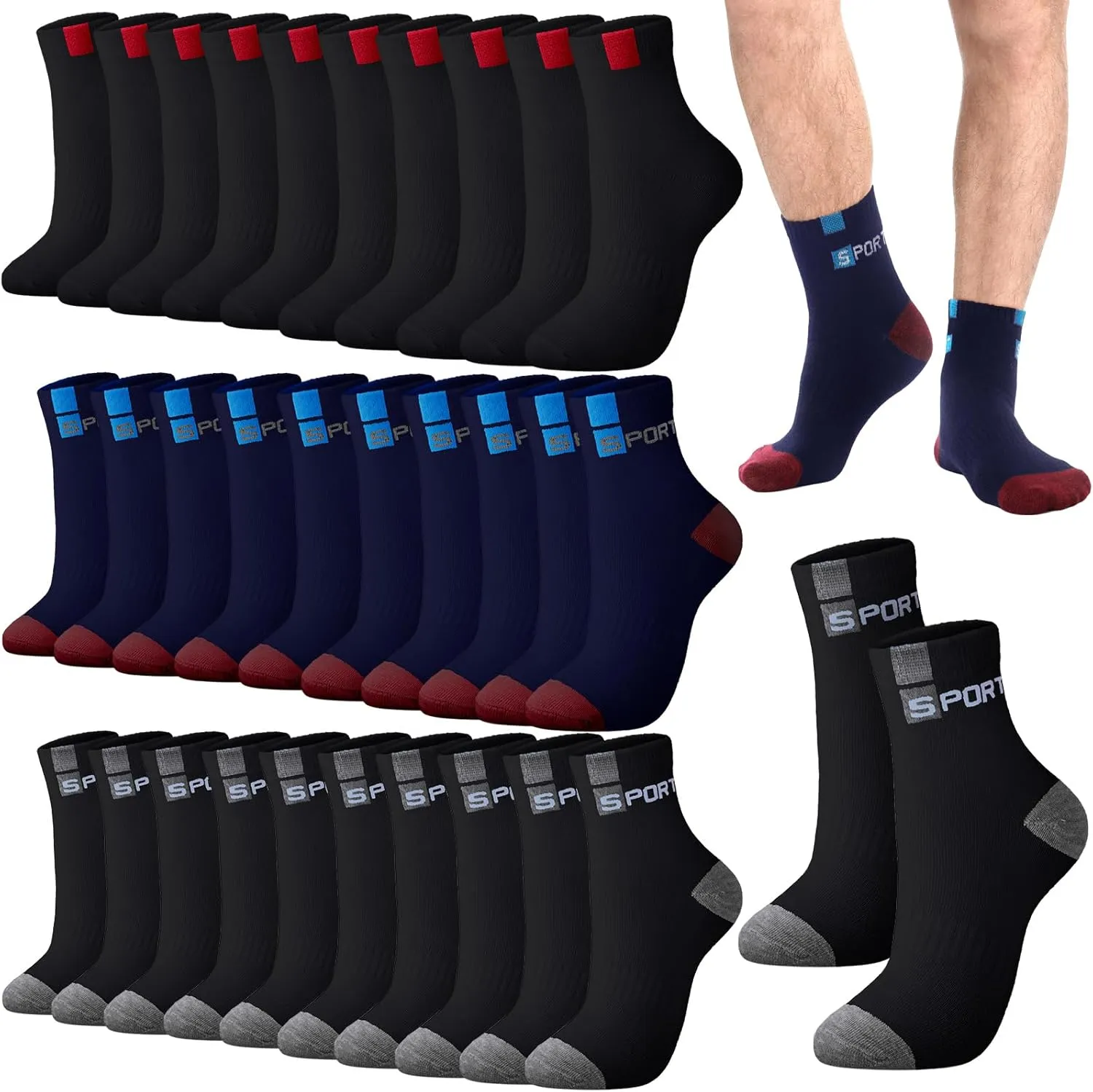 Bencailor 15 Pairs Men's Crew Socks Breathable Athletic Comfort Lightweight Sport Socks for Men