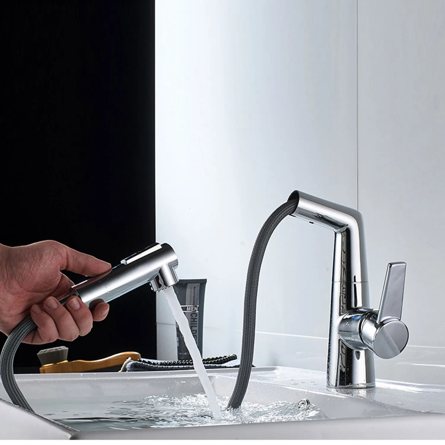 Black & Chrome Pull Out Bathroom Tap
