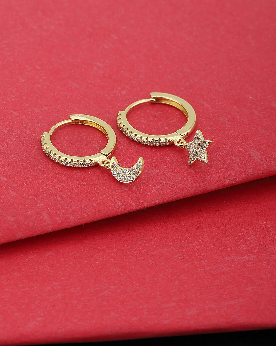 Carlton London Gold Toned Cz Hoop Earring With Dangling Crescent With Star