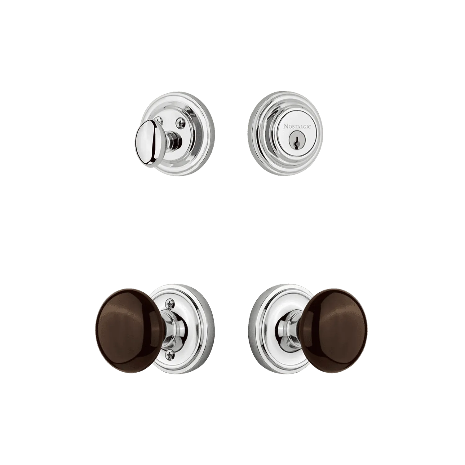 Classic Rosette Entry Set with Brown Porcelain Knob in Bright Chrome