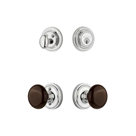 Classic Rosette Entry Set with Brown Porcelain Knob in Bright Chrome