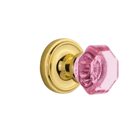 Classic Rosette with Pink Waldorf Knob in Polished Brass