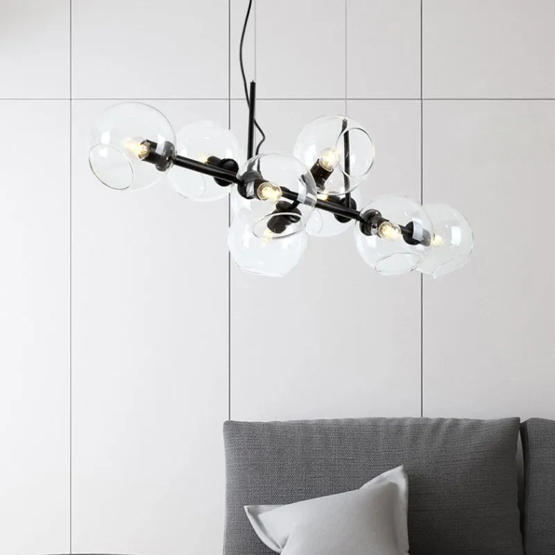 Clear/Smoke Glass 8 Bulbs Suspended Lighting Fixture in Black/Gold for Dining Room