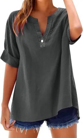 Cotton Linen Shirts for Women 2025 Summer Short Sleeve V Neck Button Down Tops Dressy Casual Oversized Tshirts