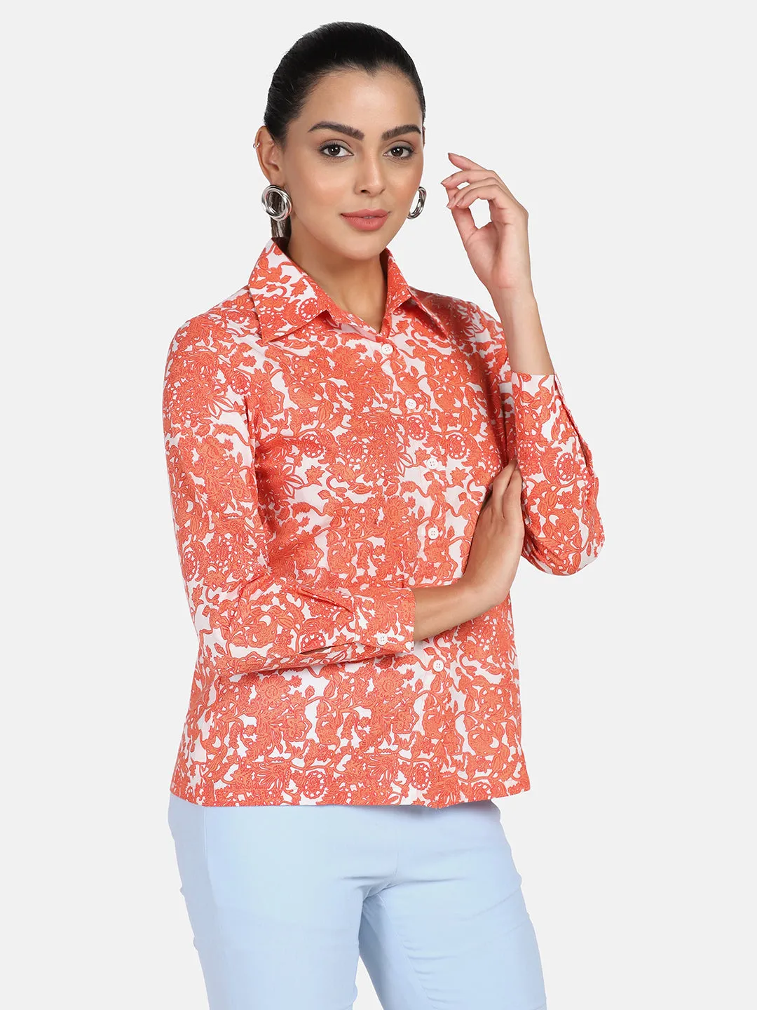 Cotton Printed Shirt - Orange