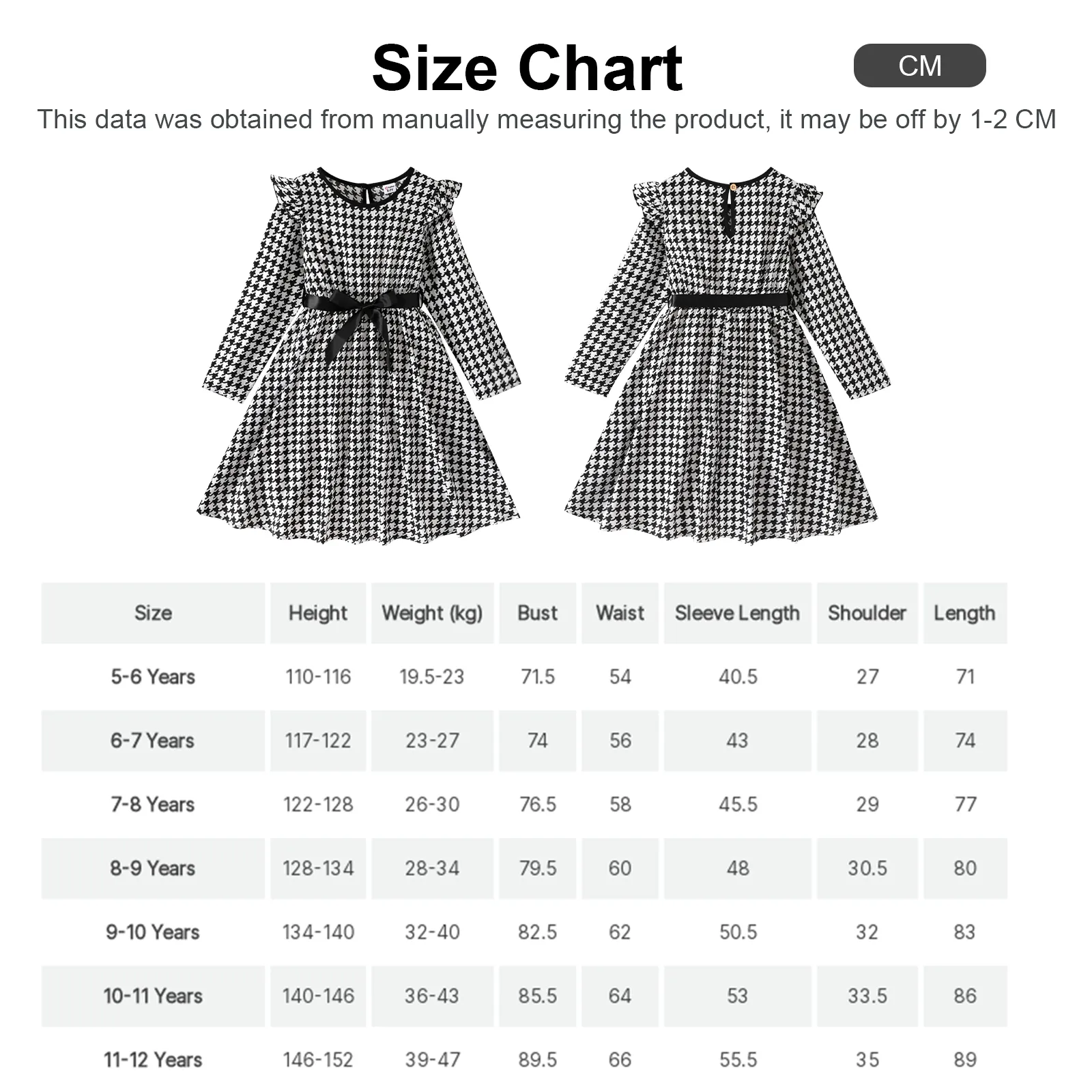 Elegant Black & White Girls Dress Tweed Print