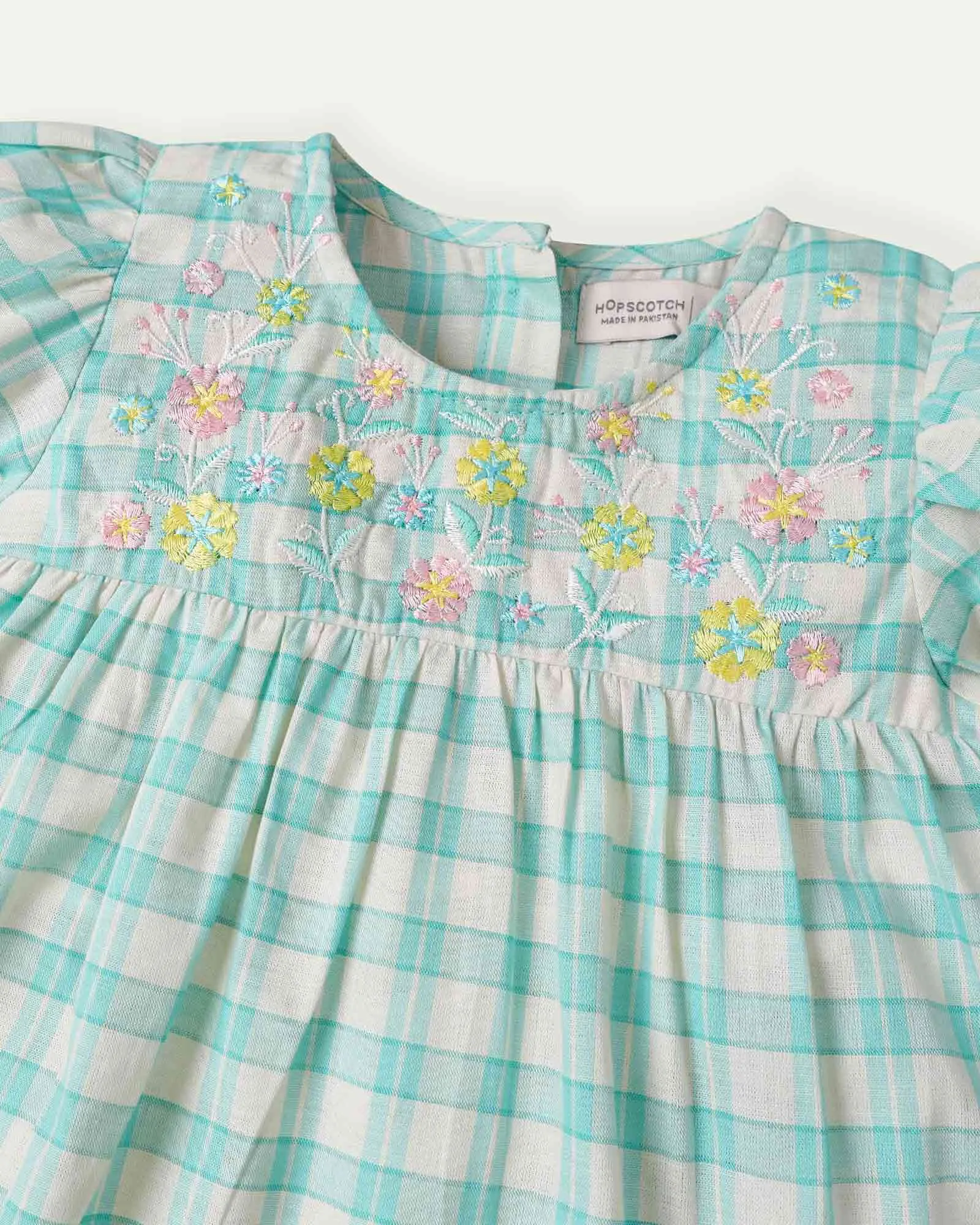 Embroidered Aqua Check Top