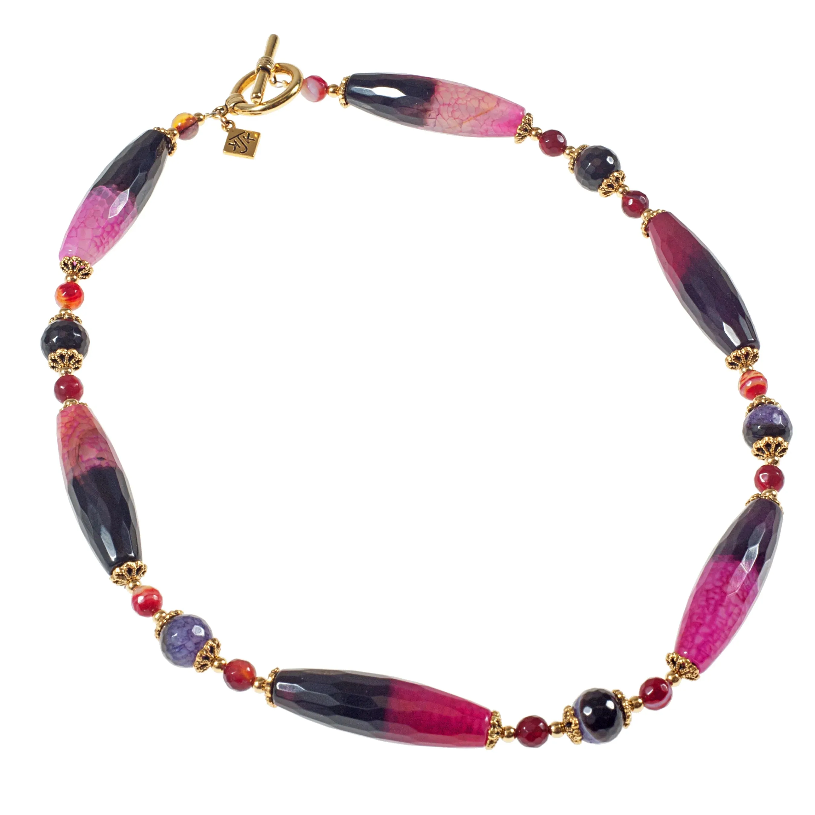 Faceted Pink   Black Agate Ellipse Necklace