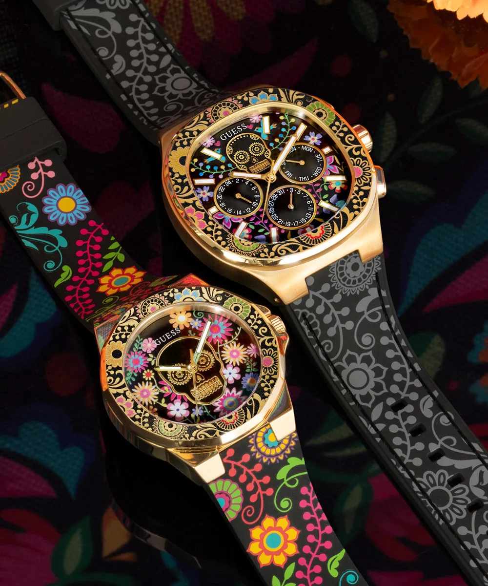 GUESS Womens Day of the Dead Analog Watch - Black and Gold Tone