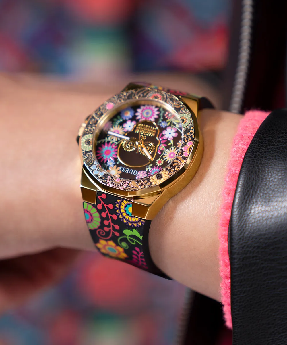 GUESS Womens Day of the Dead Analog Watch - Black and Gold Tone