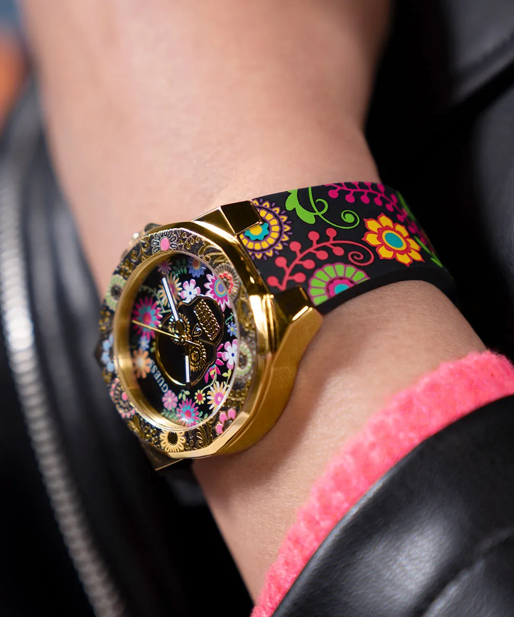 GUESS Womens Day of the Dead Analog Watch - Black and Gold Tone