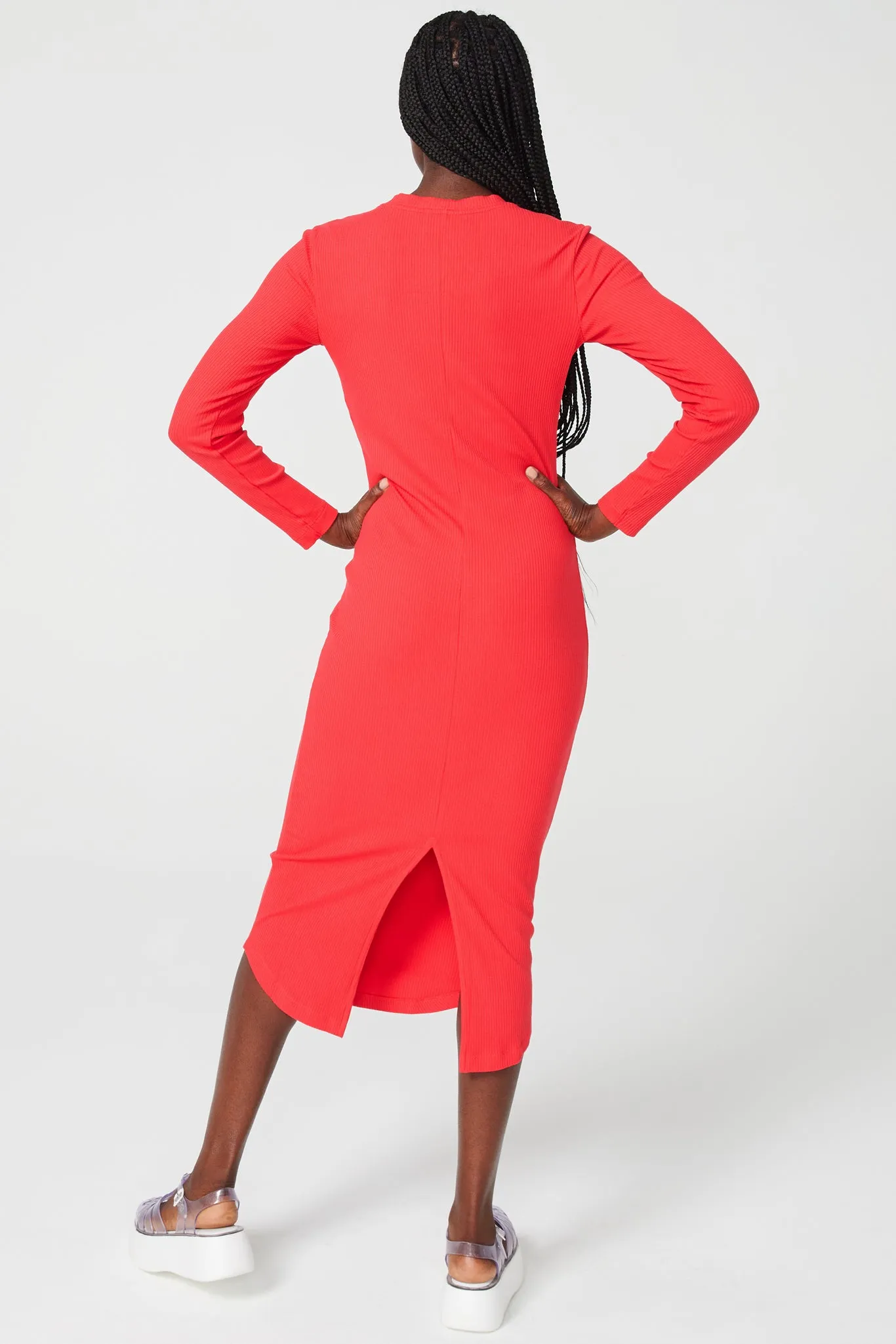 Long Sleeve Rib Dress in Hot Red