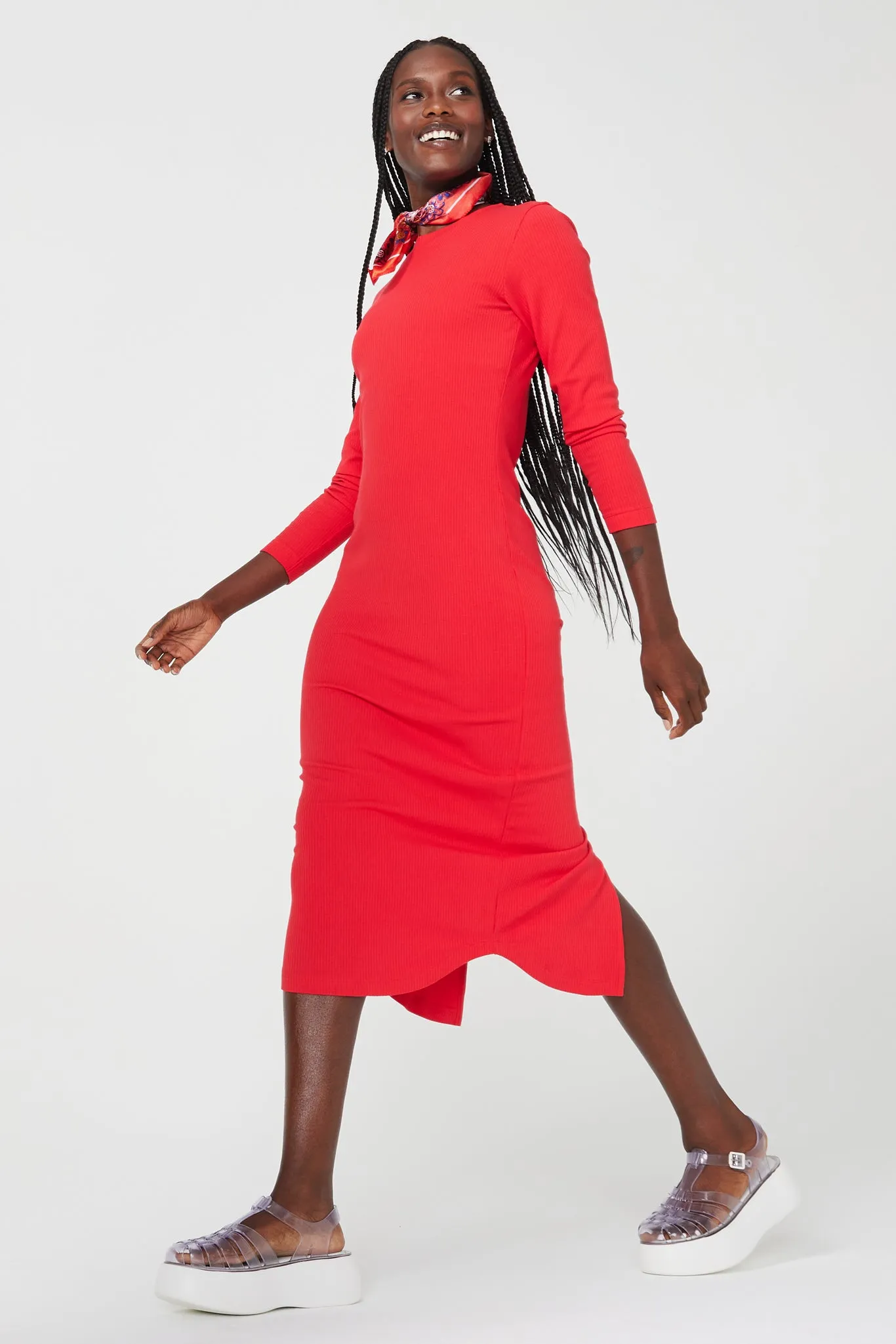 Long Sleeve Rib Dress in Hot Red