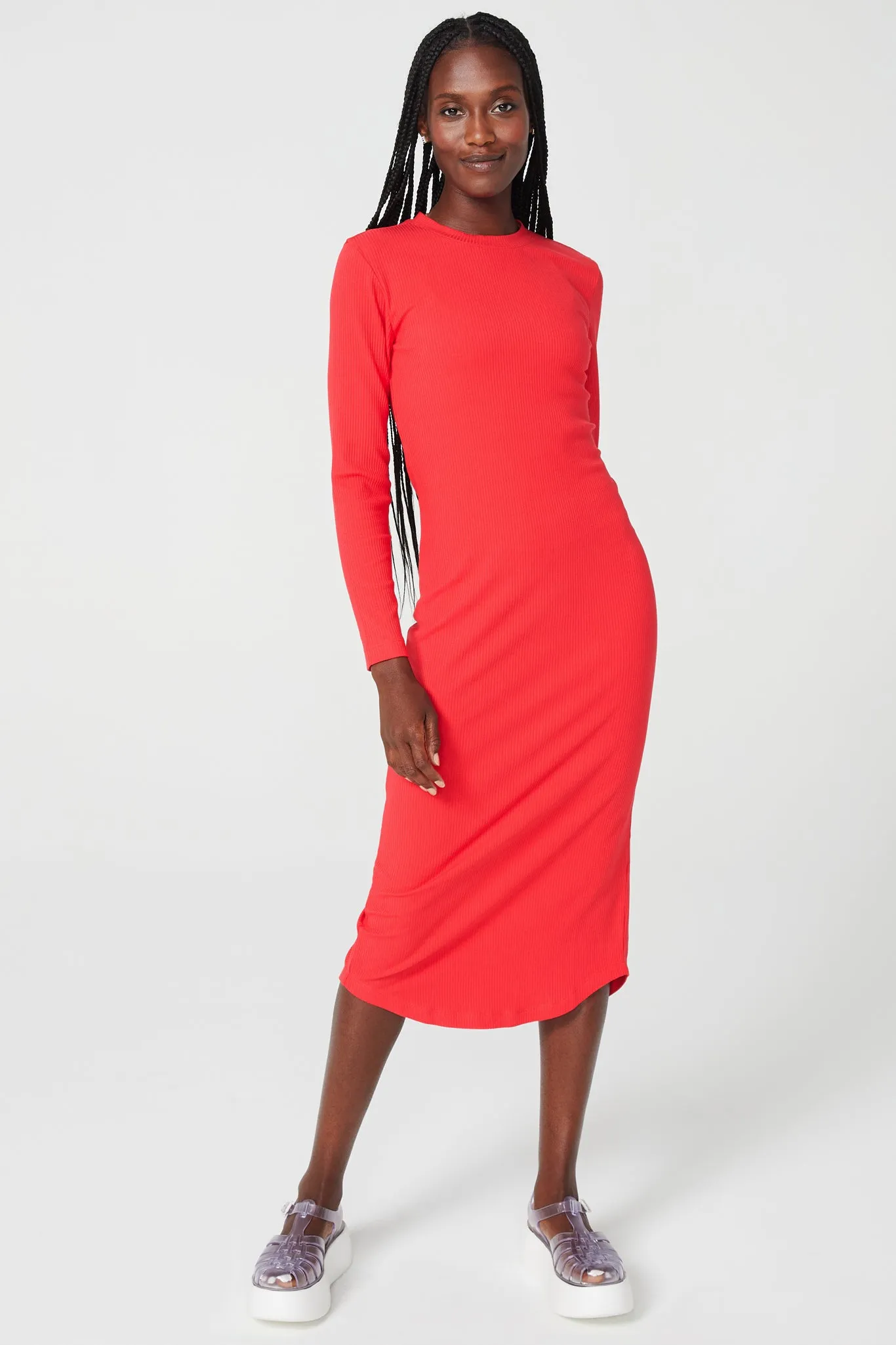 Long Sleeve Rib Dress in Hot Red