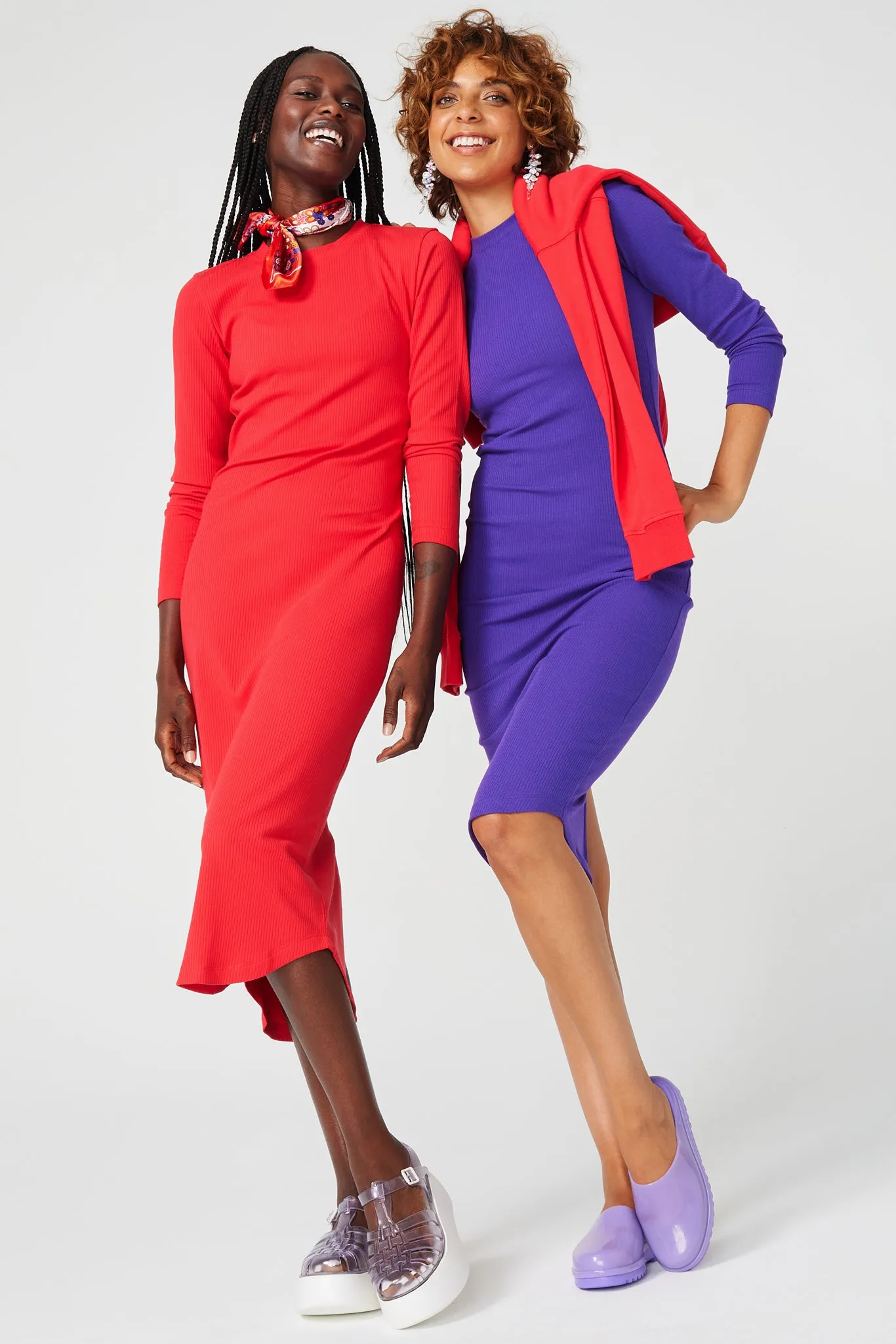 Long Sleeve Rib Dress in Hot Red