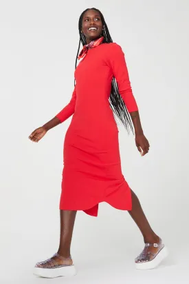 Long Sleeve Rib Dress in Hot Red