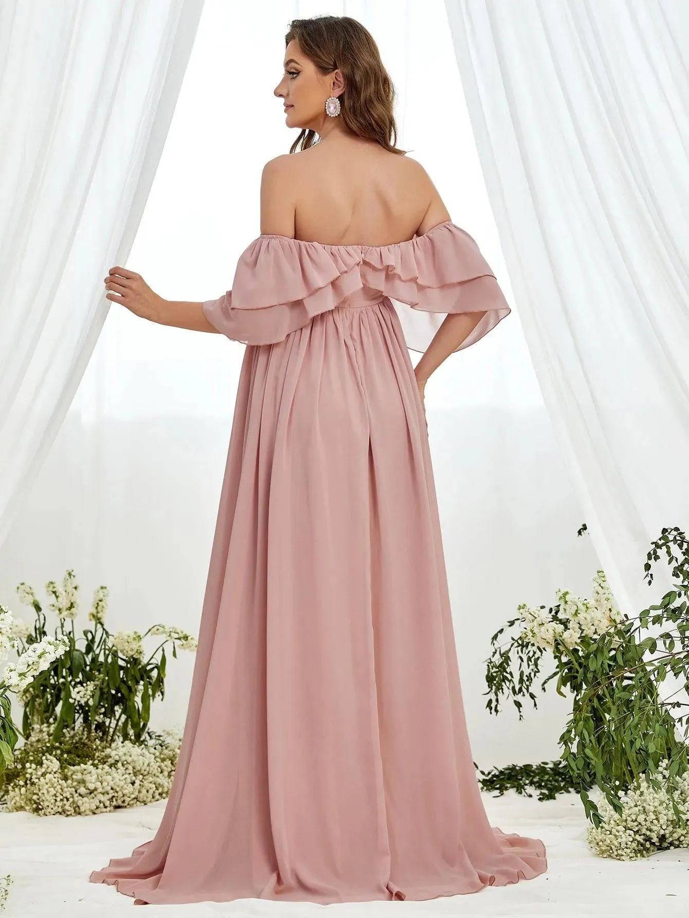 Maternity Off Shoulder Ruched Bust Layered Sleeves Chiffon Dress