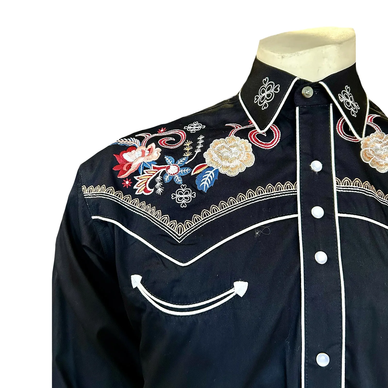 Men's Vintage Black Pastel Floral Embroidery Western Shirt