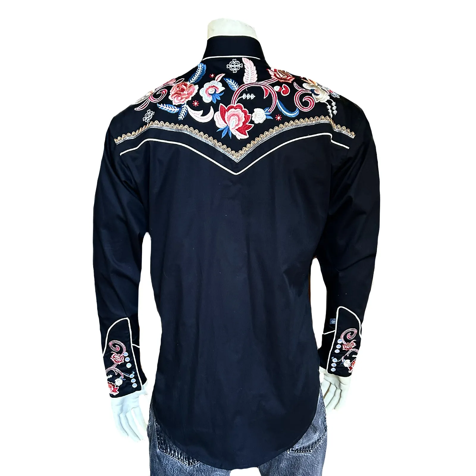 Men's Vintage Black Pastel Floral Embroidery Western Shirt
