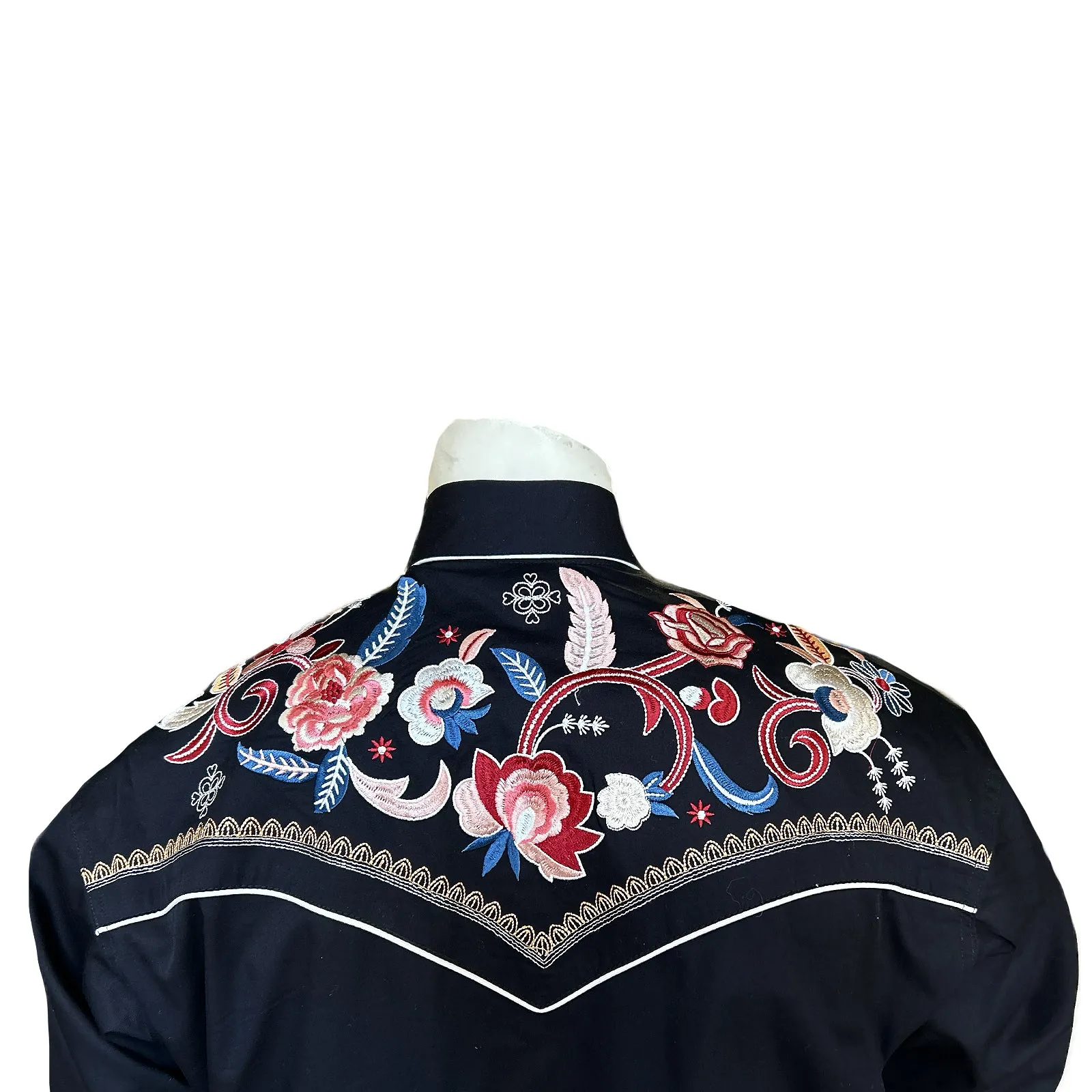 Men's Vintage Black Pastel Floral Embroidery Western Shirt