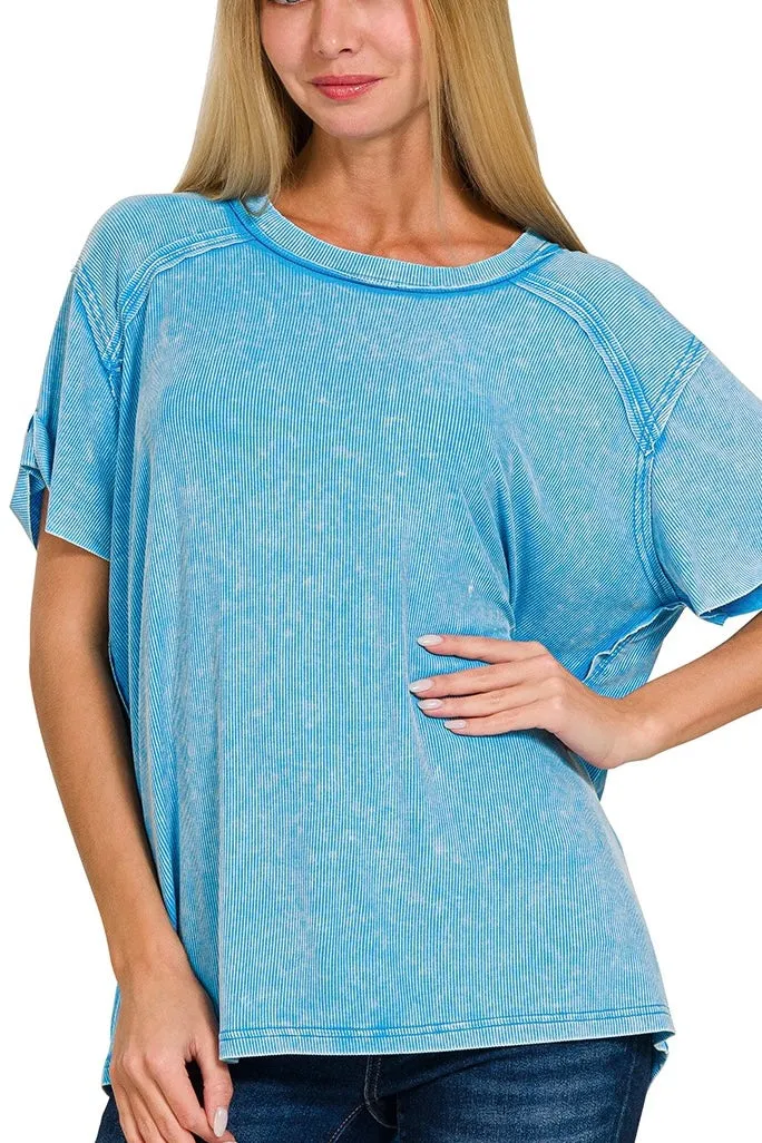 Mineral Washed Ribbed Exposed Seam Short Sleeve Top with Back Patch- Deep Sky
