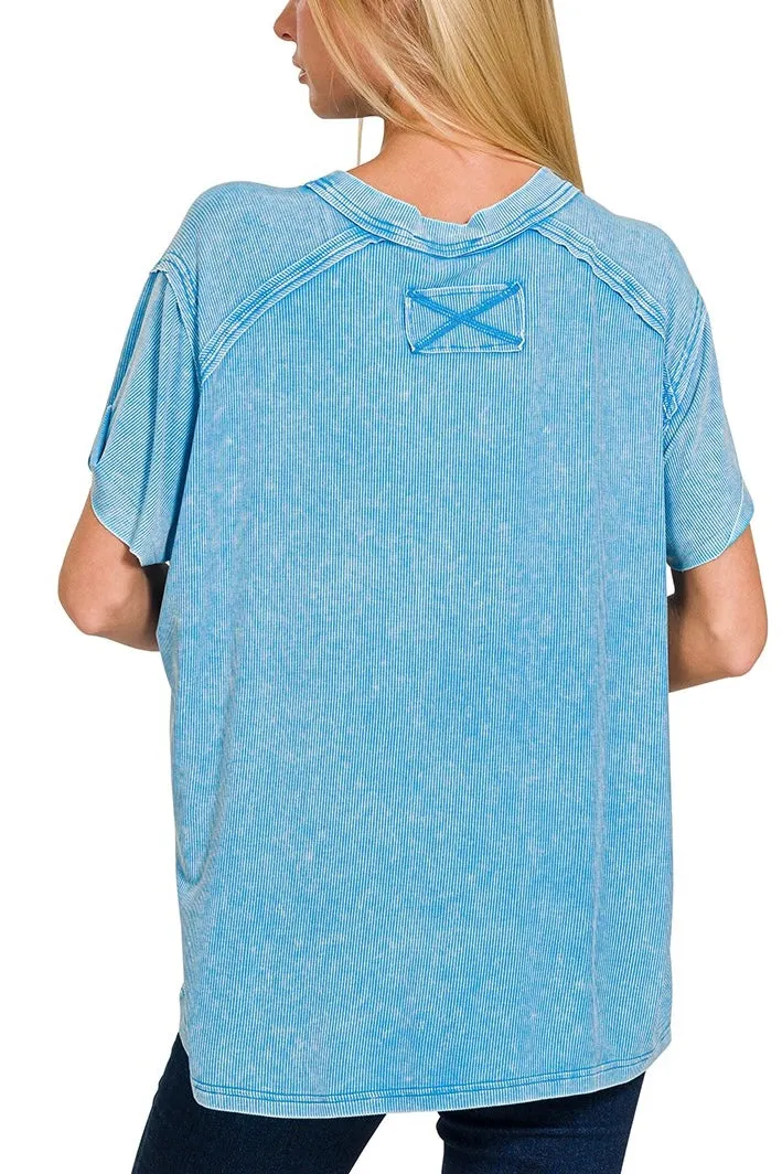 Mineral Washed Ribbed Exposed Seam Short Sleeve Top with Back Patch- Deep Sky