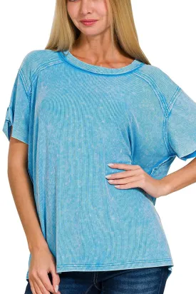 Mineral Washed Ribbed Exposed Seam Short Sleeve Top with Back Patch- Deep Sky
