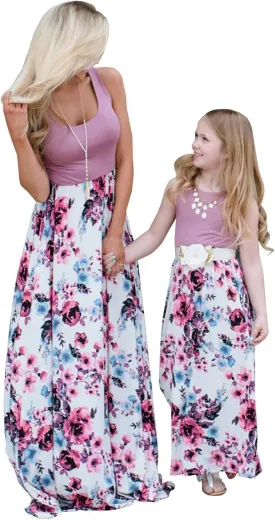 Mommy and Me Boho Floral Family Matching Maxi Dress with Pocket for Mother's Day