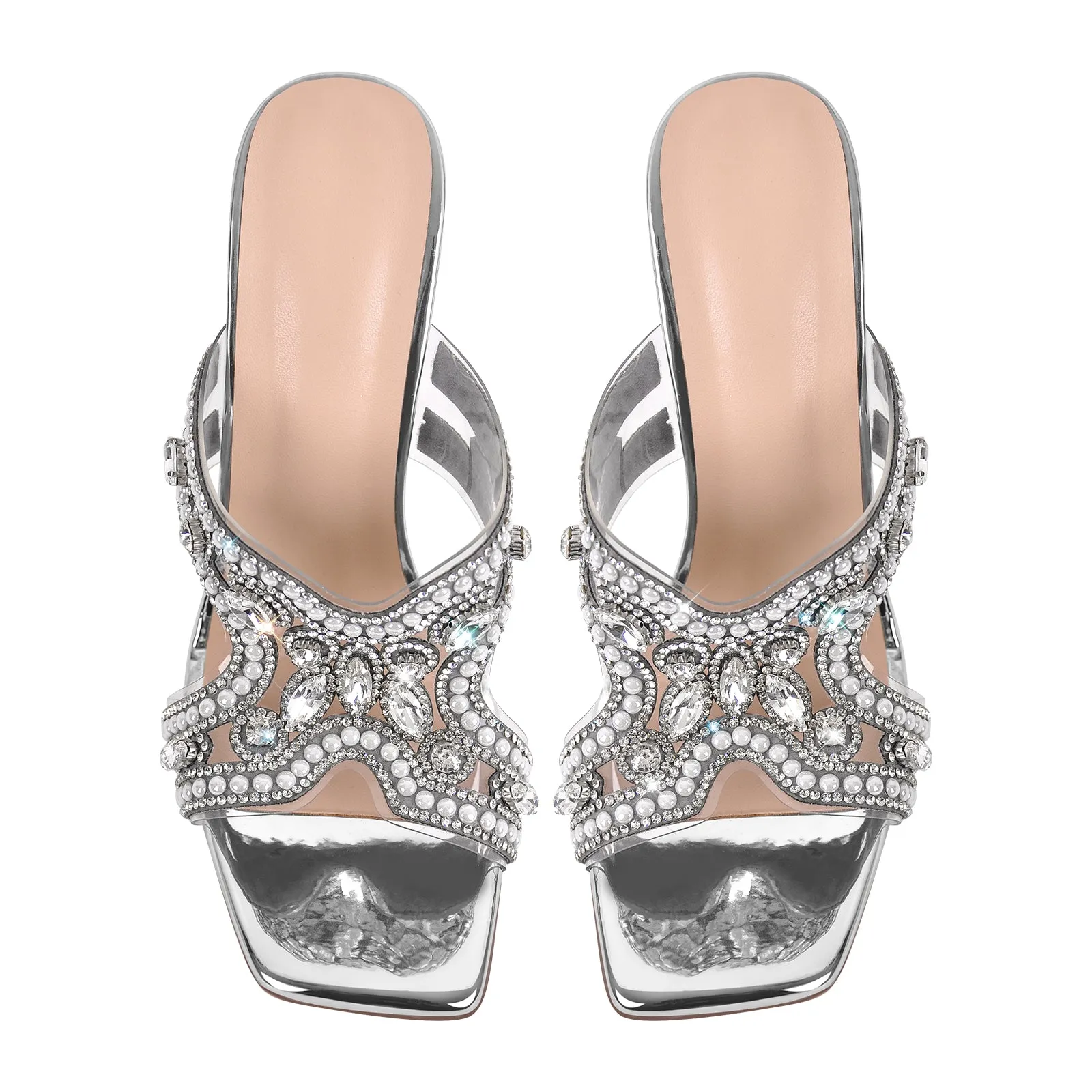 Pearl Rhinestone Square Toe Chunky Heel Sandals
