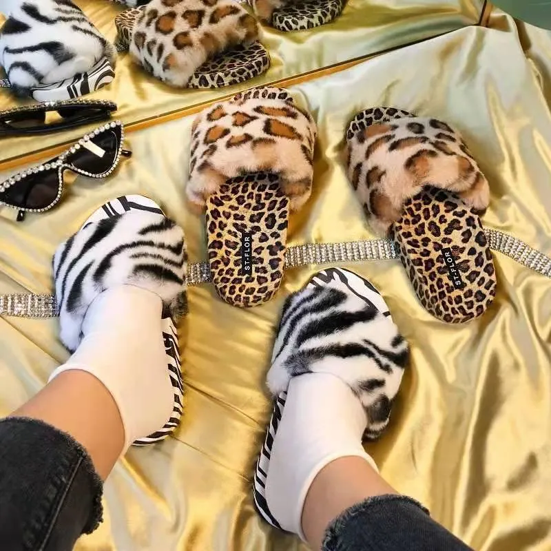 Plush Animal Print Slippers for Women