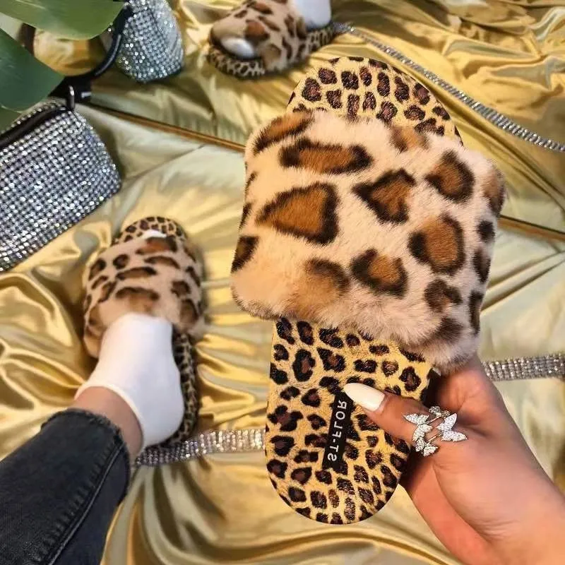 Plush Animal Print Slippers for Women