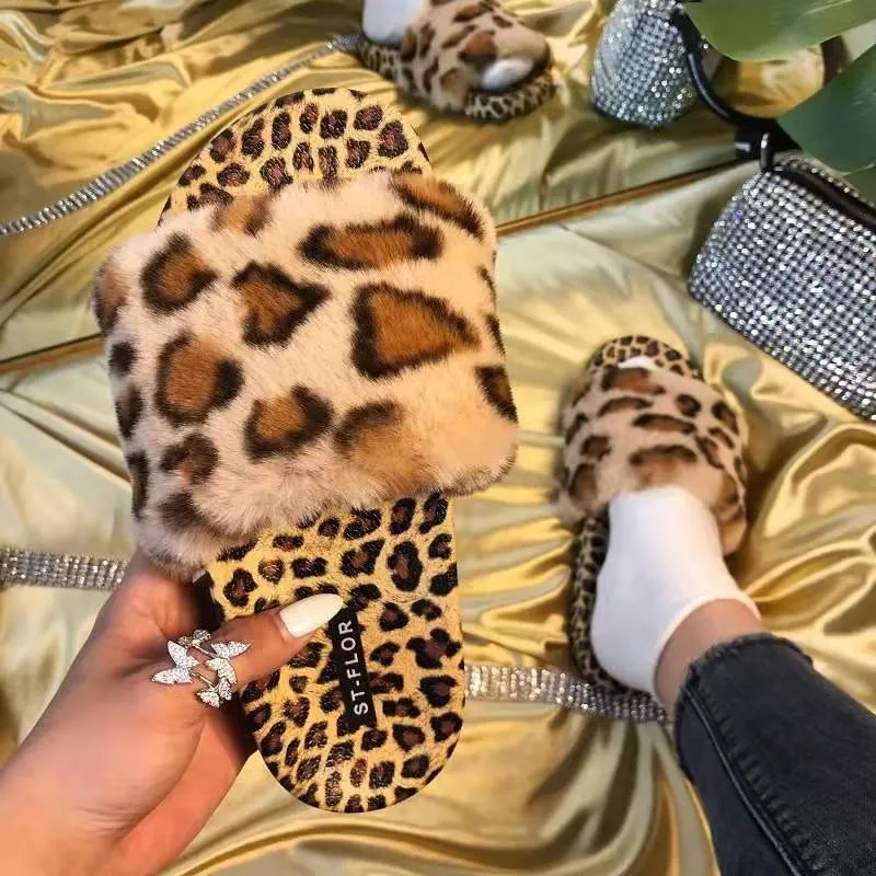 Plush Animal Print Slippers for Women
