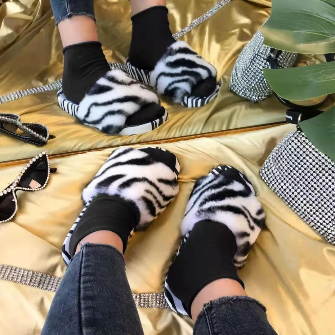 Plush Animal Print Slippers for Women