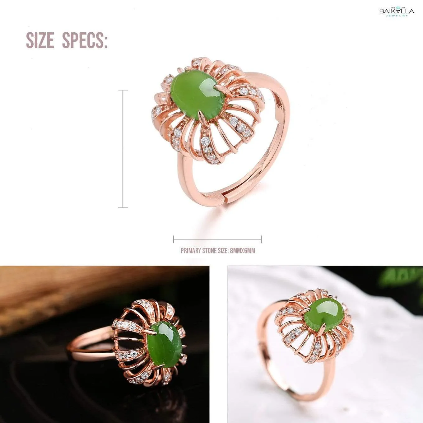 RealJade® "Classic Flower" Rose Gold Plated Sterling Silver Genuine Nephrite Green Jade Ring