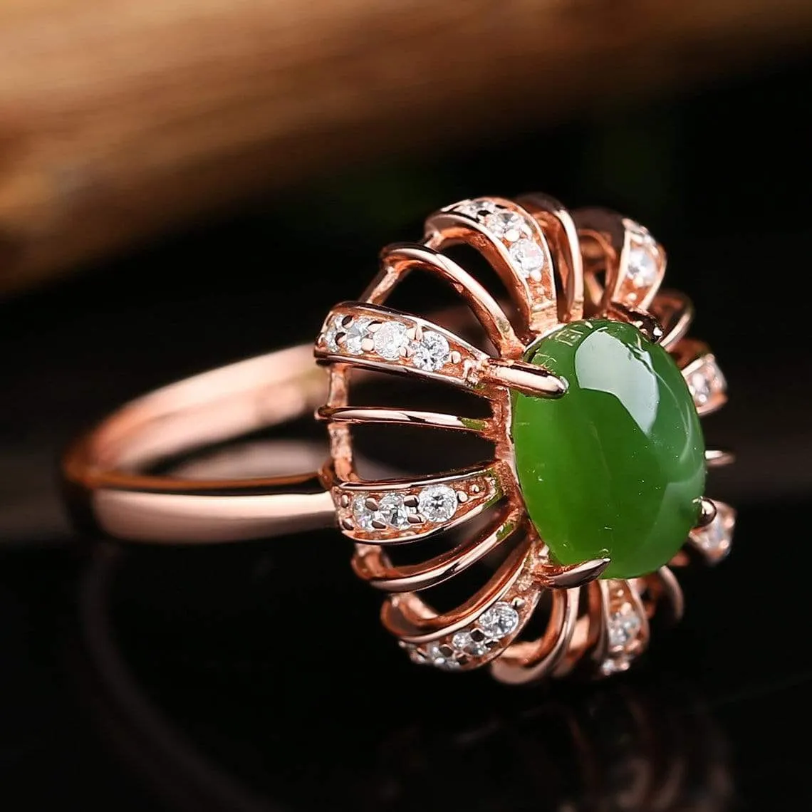 RealJade® "Classic Flower" Rose Gold Plated Sterling Silver Genuine Nephrite Green Jade Ring