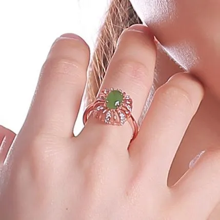 RealJade® "Classic Flower" Rose Gold Plated Sterling Silver Genuine Nephrite Green Jade Ring