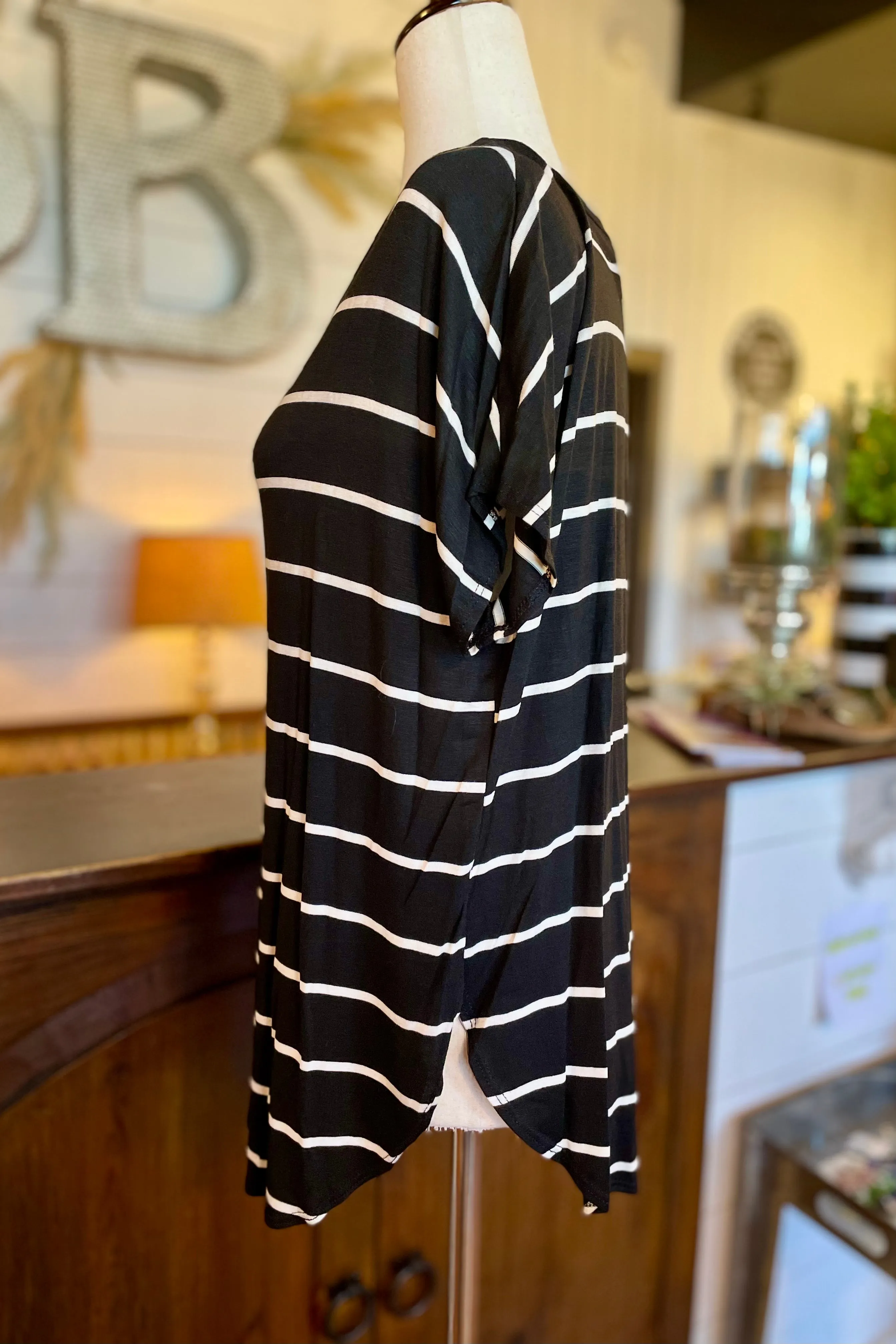 Short Sleeve Striped Loose Fit V-Neck Top- Black